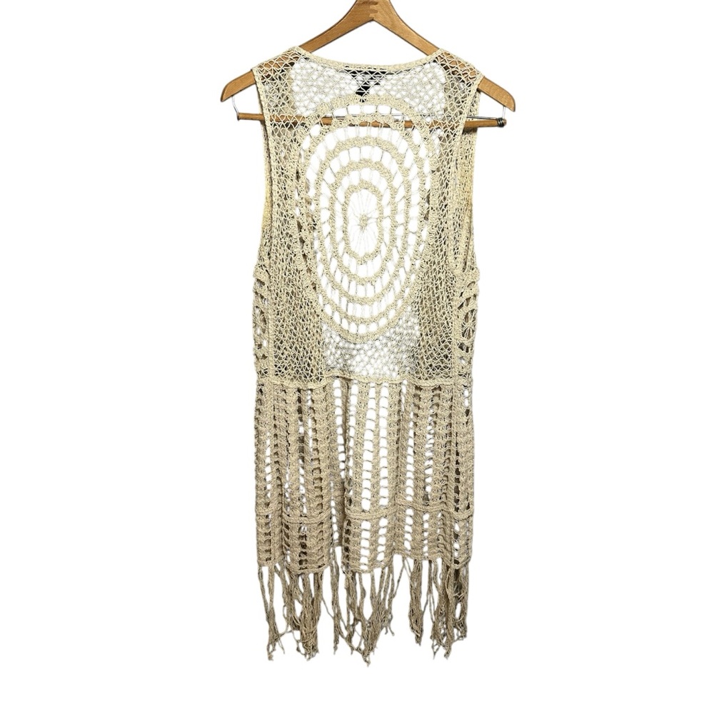 Bellissimo Cream Crochet Fringe Open Vest Bohemian L - Picture 2 of 6
